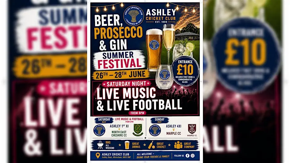 ASHLEY CRICKET CLUB BEER, GIN & PROSECCO FESTIVAL 26th - 28th June